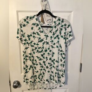 Liz Claiborne Sz XL Womens Green Floral V-Neck Short Sleeve Blouse Pull Over